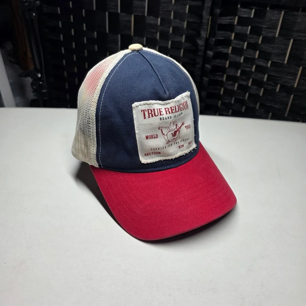 True Religion World Tour Mesh Trucker Hat Navy Red White Snapback OS